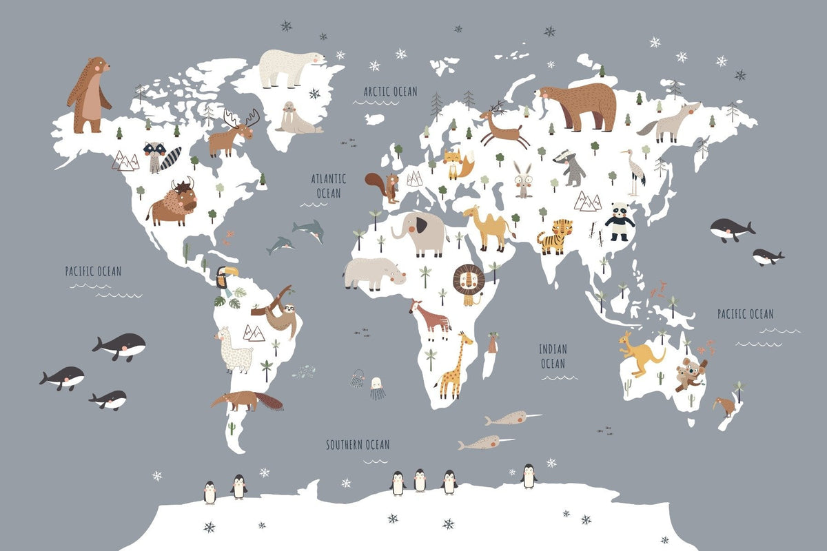 magical Animal World Map Wallpaper Mural in your room — zoomed