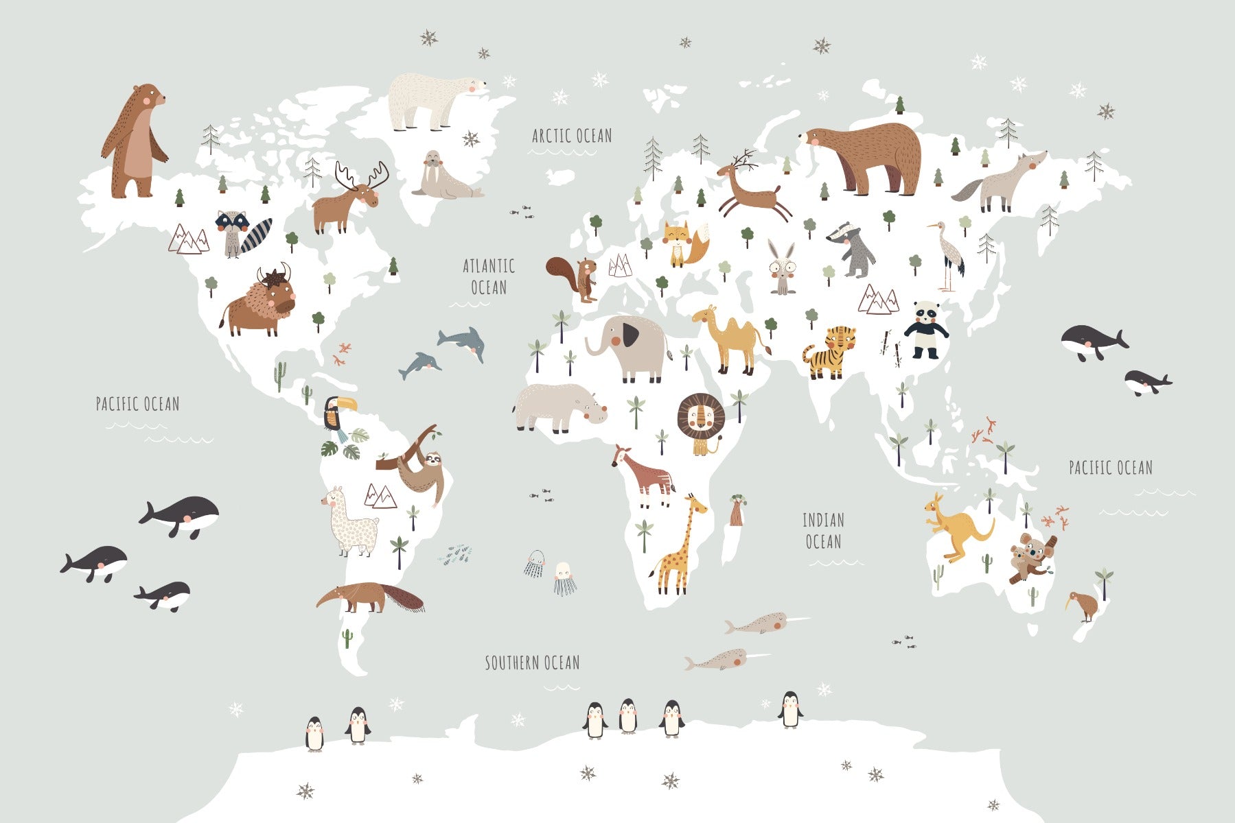World Map Animal Wallpaper Mural