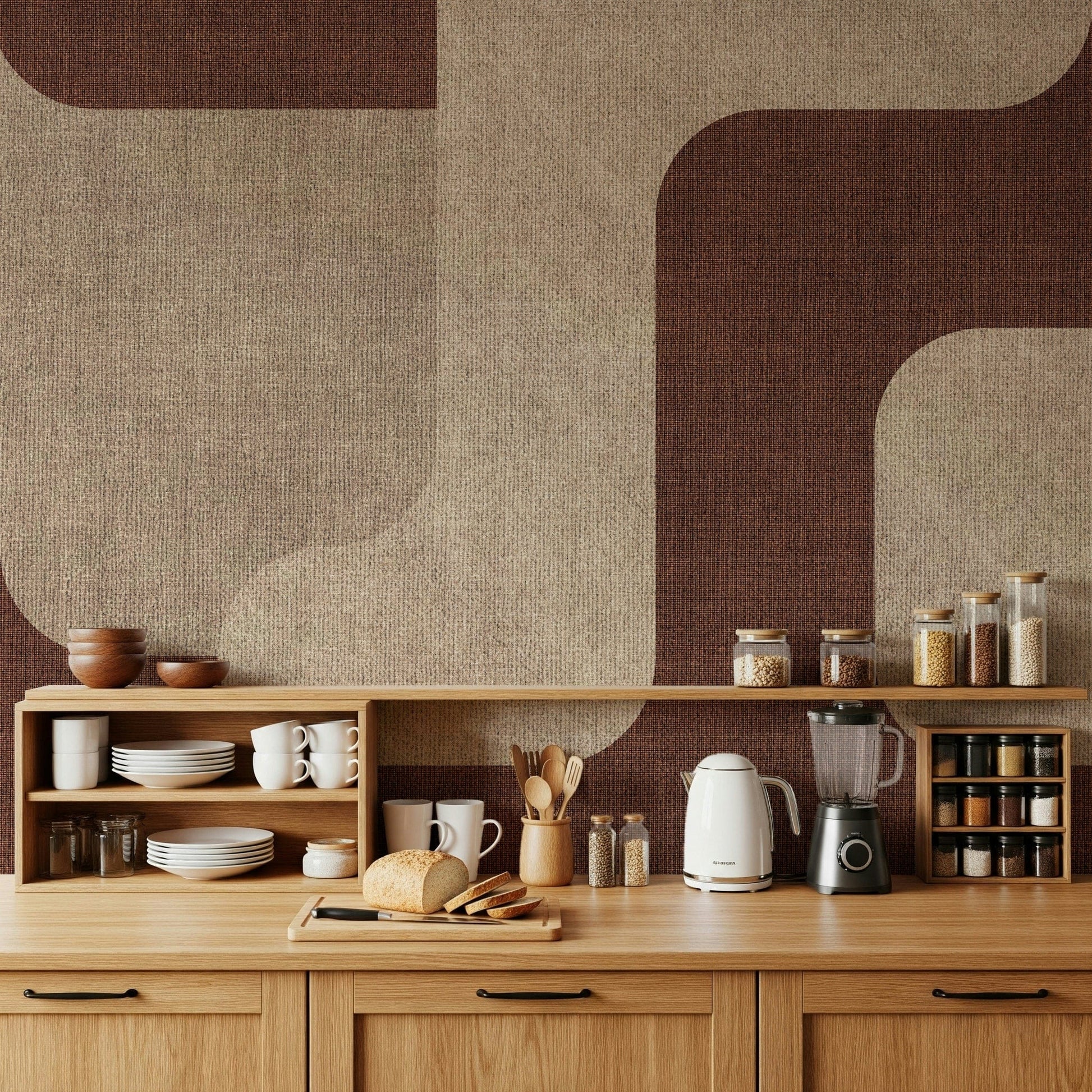 Stylish Mocha Curves Design peel and stick art, cozy interior.