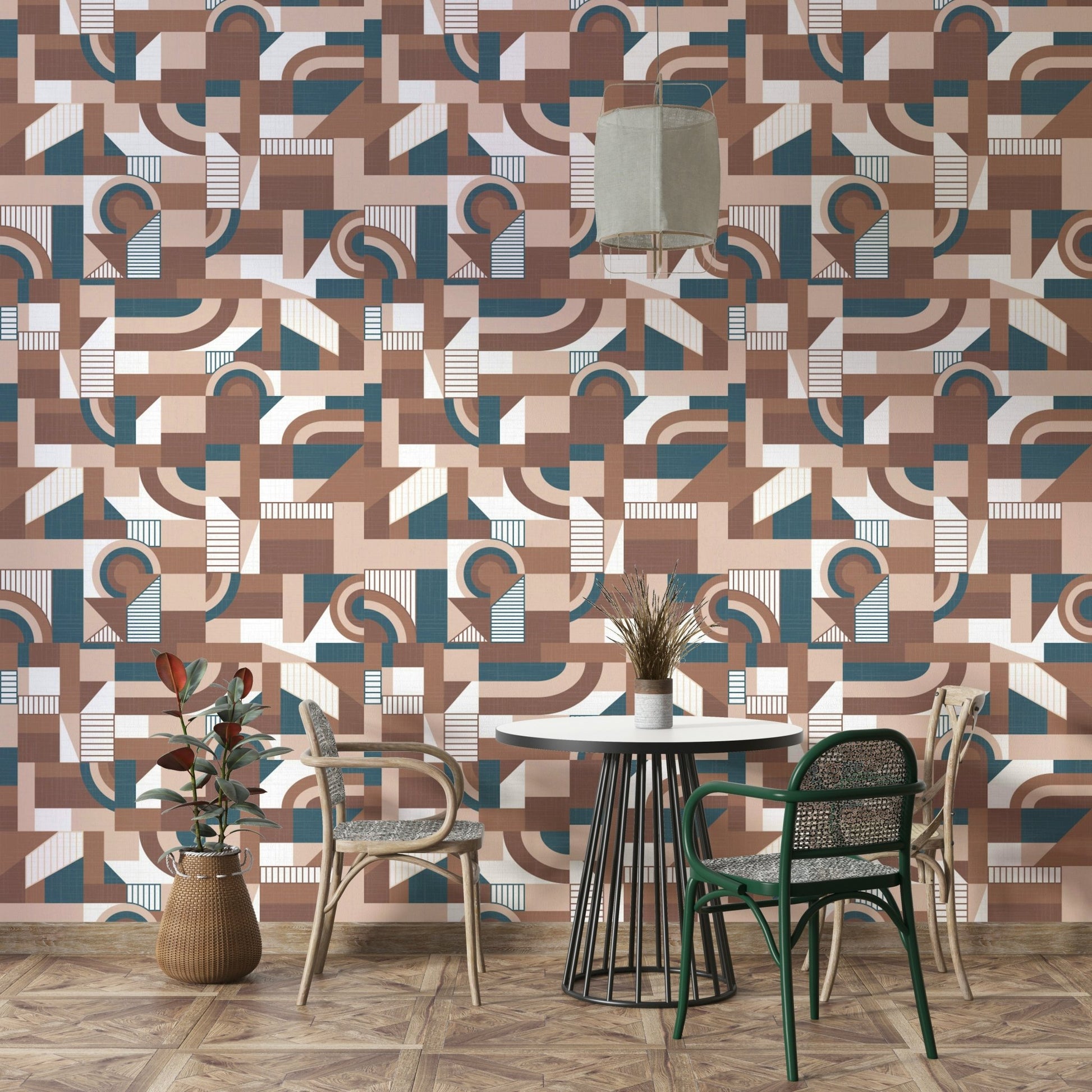 The mural is installed in a calm living room behind a simple, light-colored sofa.

