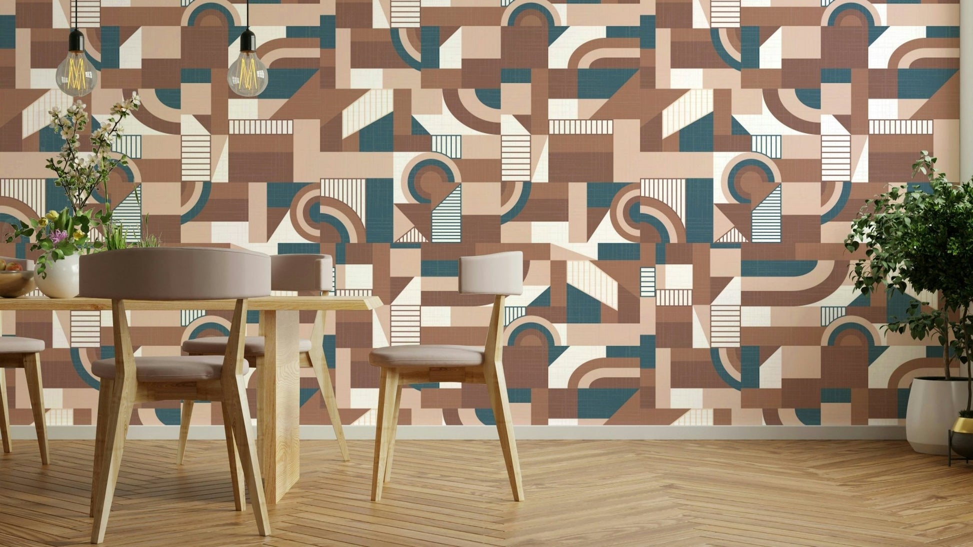 The mural extends across the entire wall, creating a clean backdrop.

