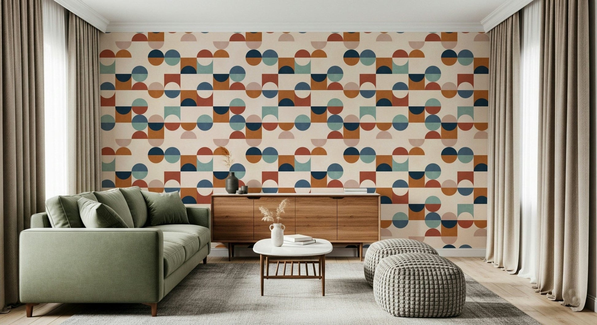Retro circle pattern Mod Blocks wall mural in terracotta and navy.