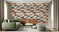 Retro circle pattern Mod Blocks wall mural in terracotta and navy.