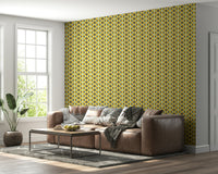 Geometric wallpaper mural Whispering Secrets shows teal circular motifs.
