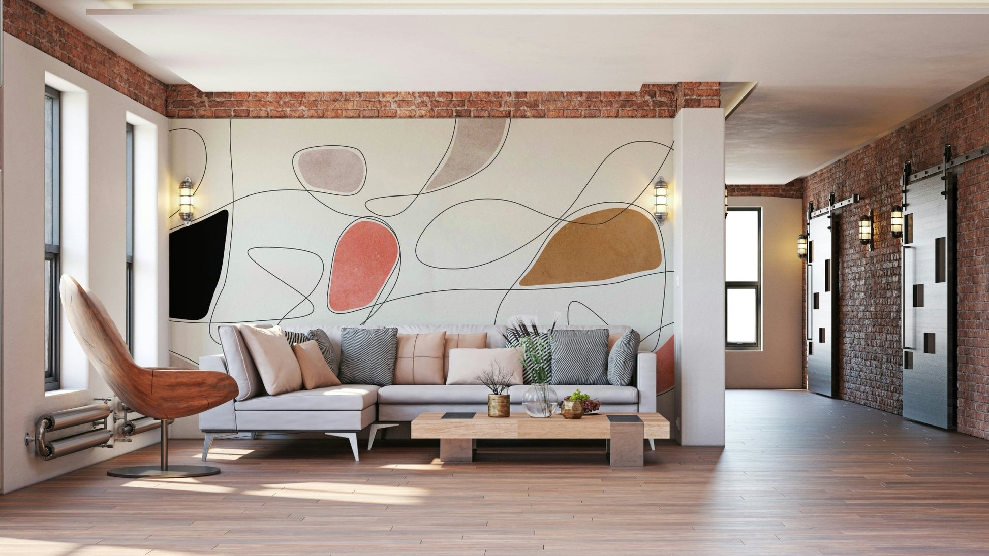 An energetic wall mural with an abstract design.

