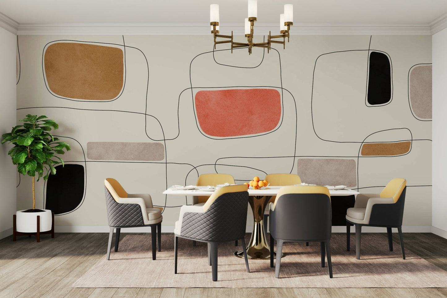 An elegant wall mural with a modern abstract design.

