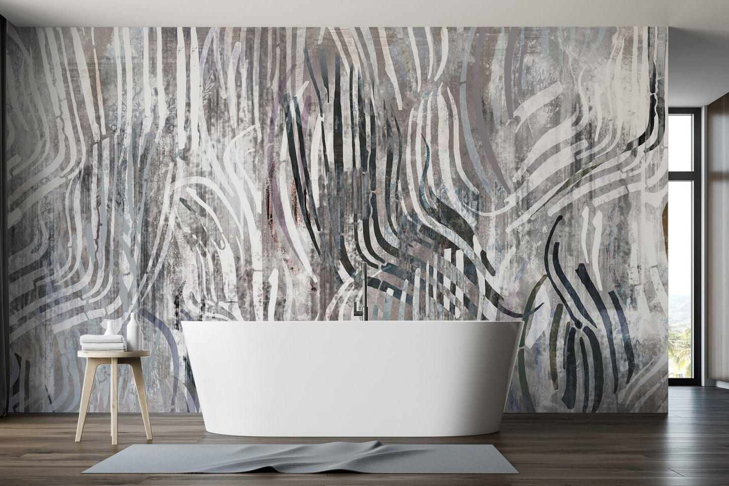 Modern abstract wallpaper adds a sleek touch to the bathroom C442