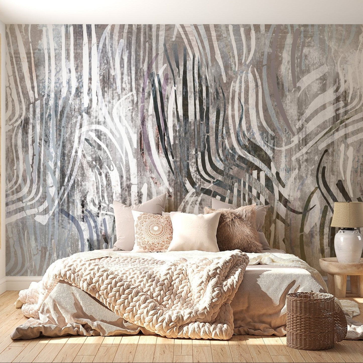 Modern abstract mural creates a chic bedroom retreat C442