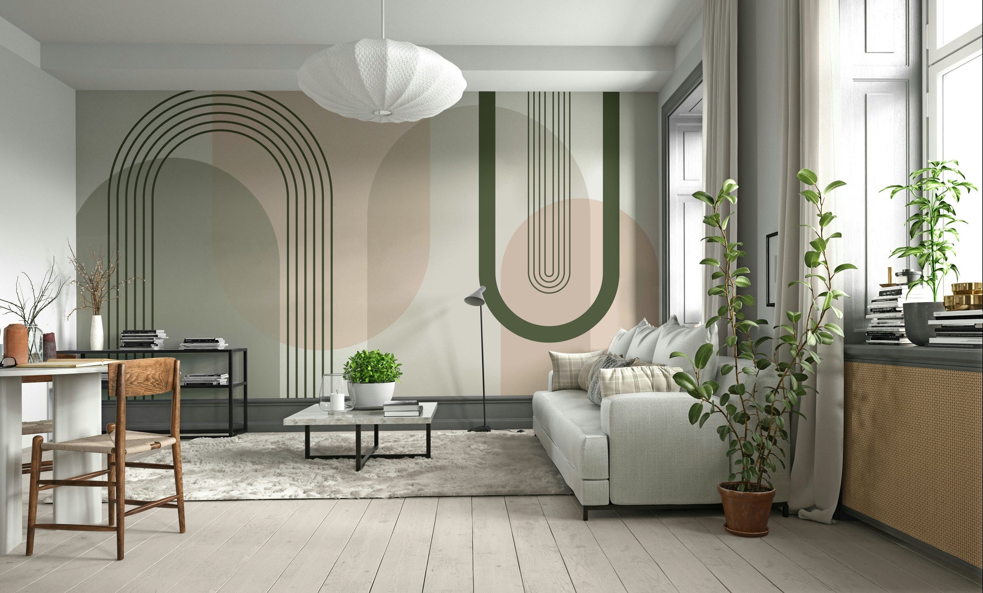 A wall mural of a geometric arch pattern.

