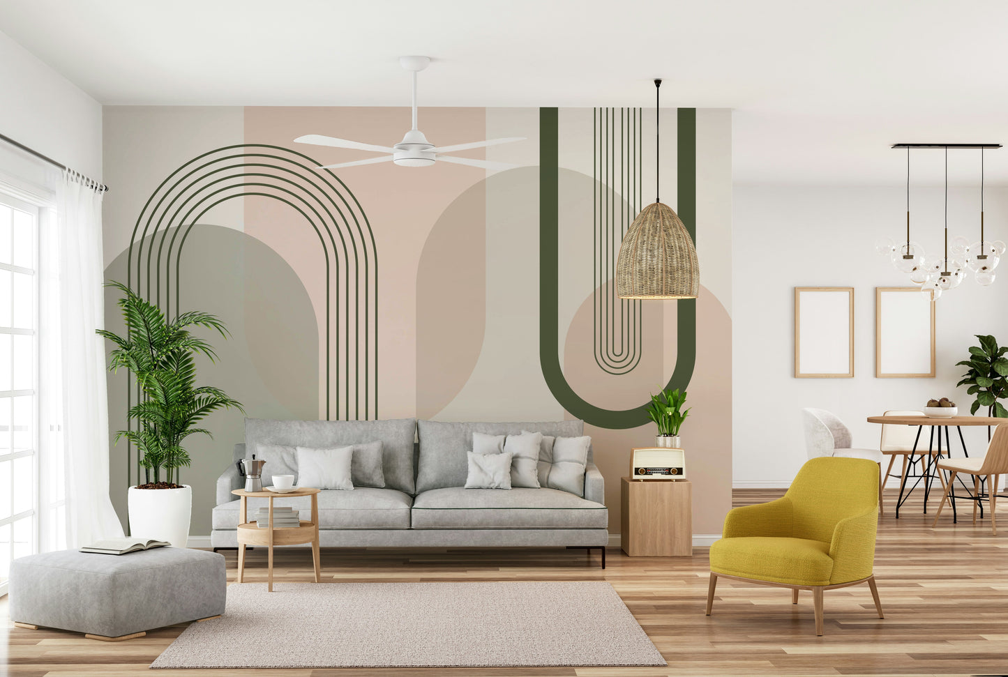 The colors are soft, muted tones of pink and green.

