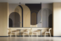 A wall mural of a geometric arch pattern.

