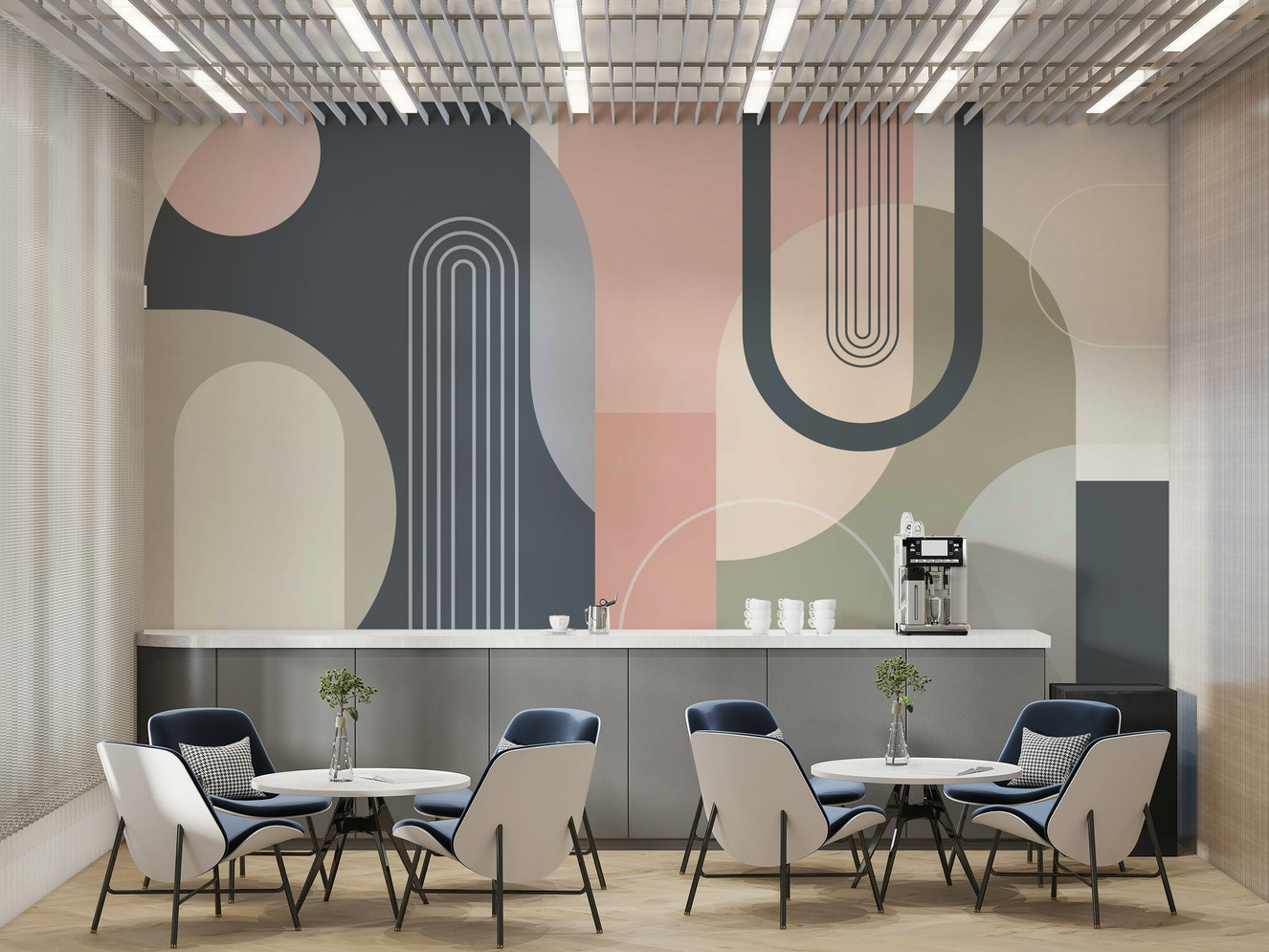 A wall mural of a geometric arch pattern.

