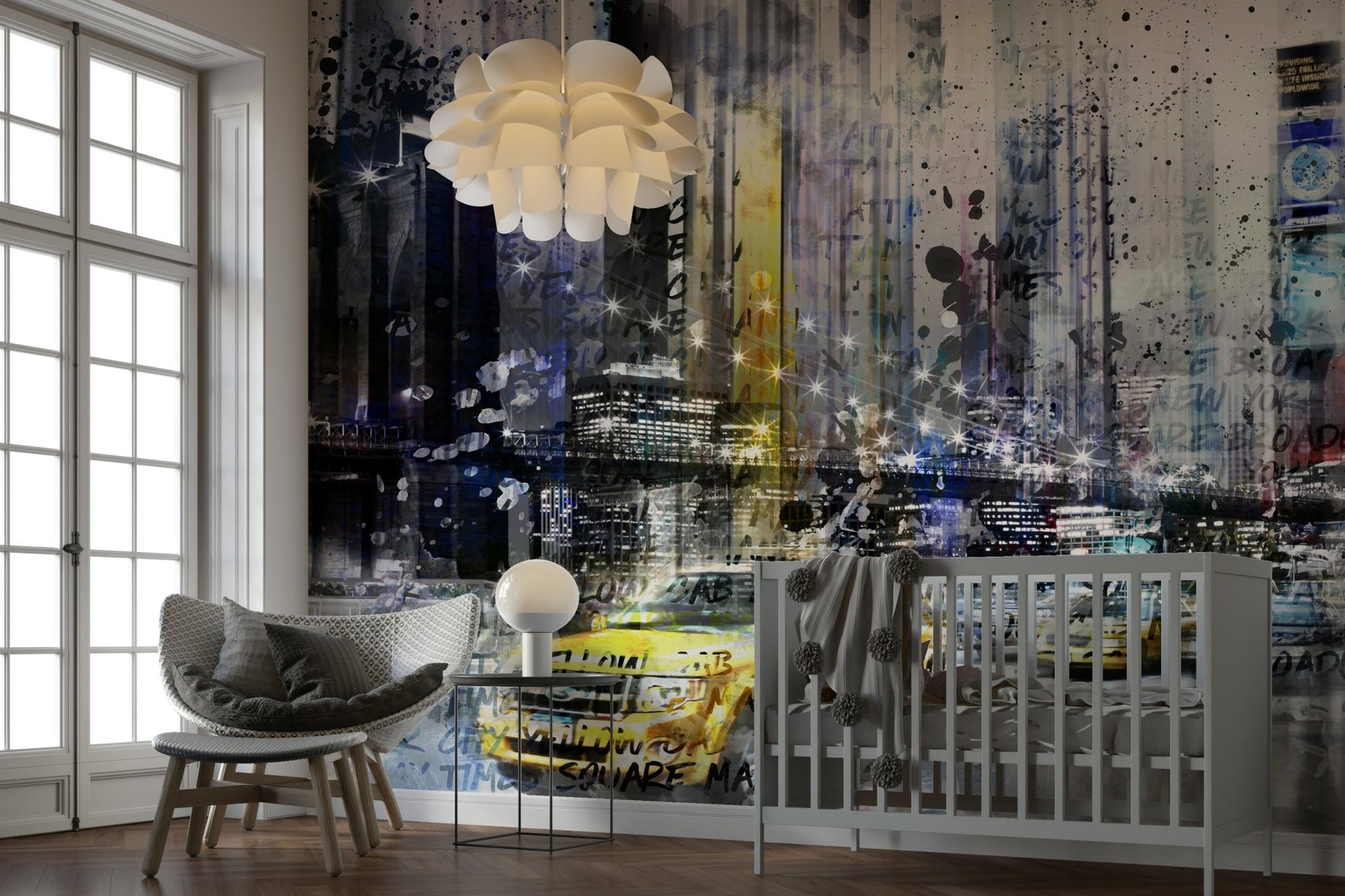 Grunge-style NYC mural blending modern art and iconic views., GD1476