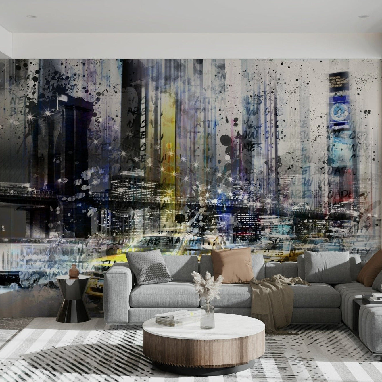 Mixed media collage mural showcasing Manhattan energy., GD1476