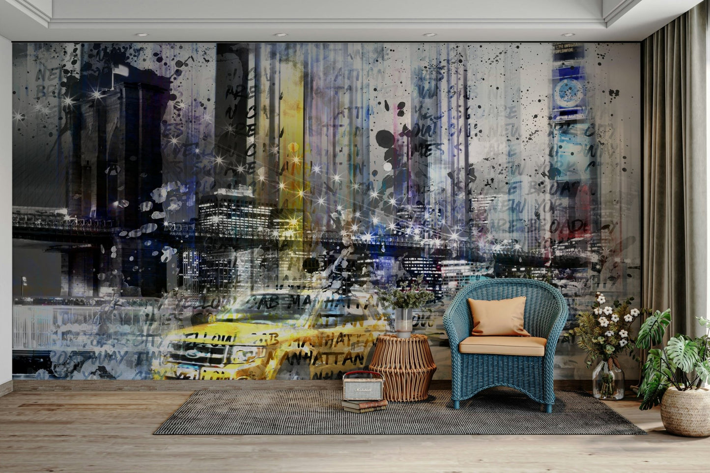 Pop art-style NYC mural with layered visuals and typography., GD1476