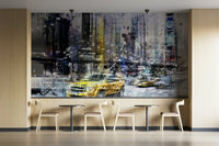 Black and white NYC collage mural with vibrant graphic accents., GD1476