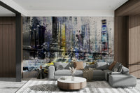 Mixed media collage mural showcasing Manhattan energy.

