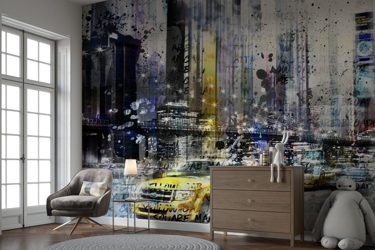 Contemporary wall mural mixing NYC symbols with graphic design.

