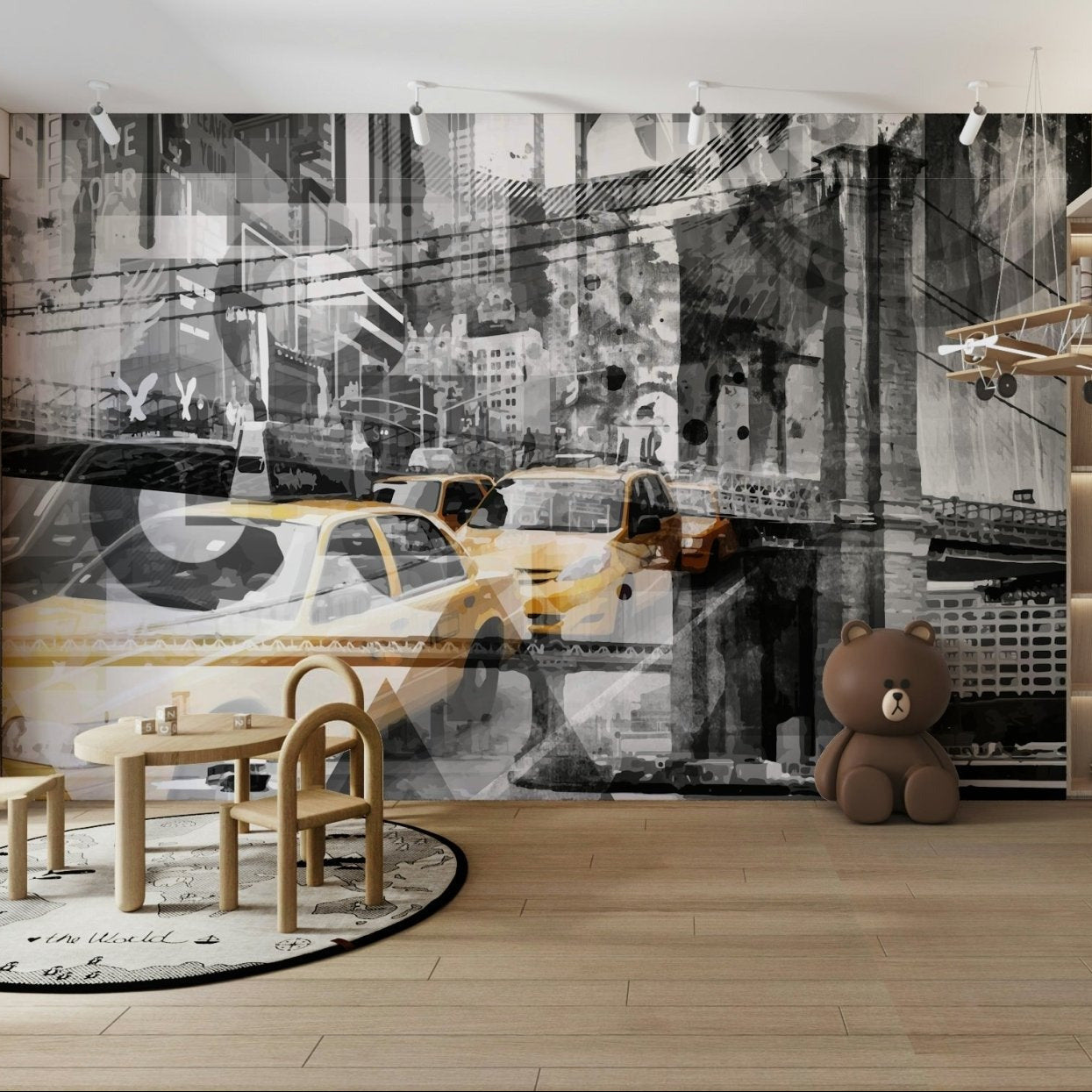 Wall mural featuring modern art collage of NYC buildings and symbols., GD1477