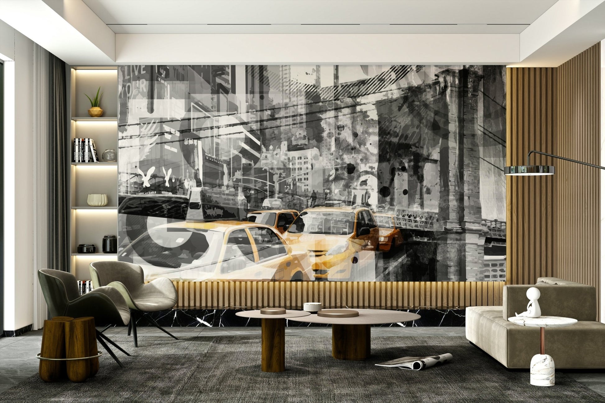 Mixed media-style wall mural of Manhattan’s landmarks and signage., GD1477