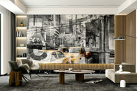 Mixed media-style wall mural of Manhattan’s landmarks and signage., GD1477