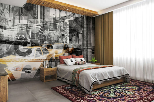 Urban collage wall mural with NYC landmarks and pop art flair.

