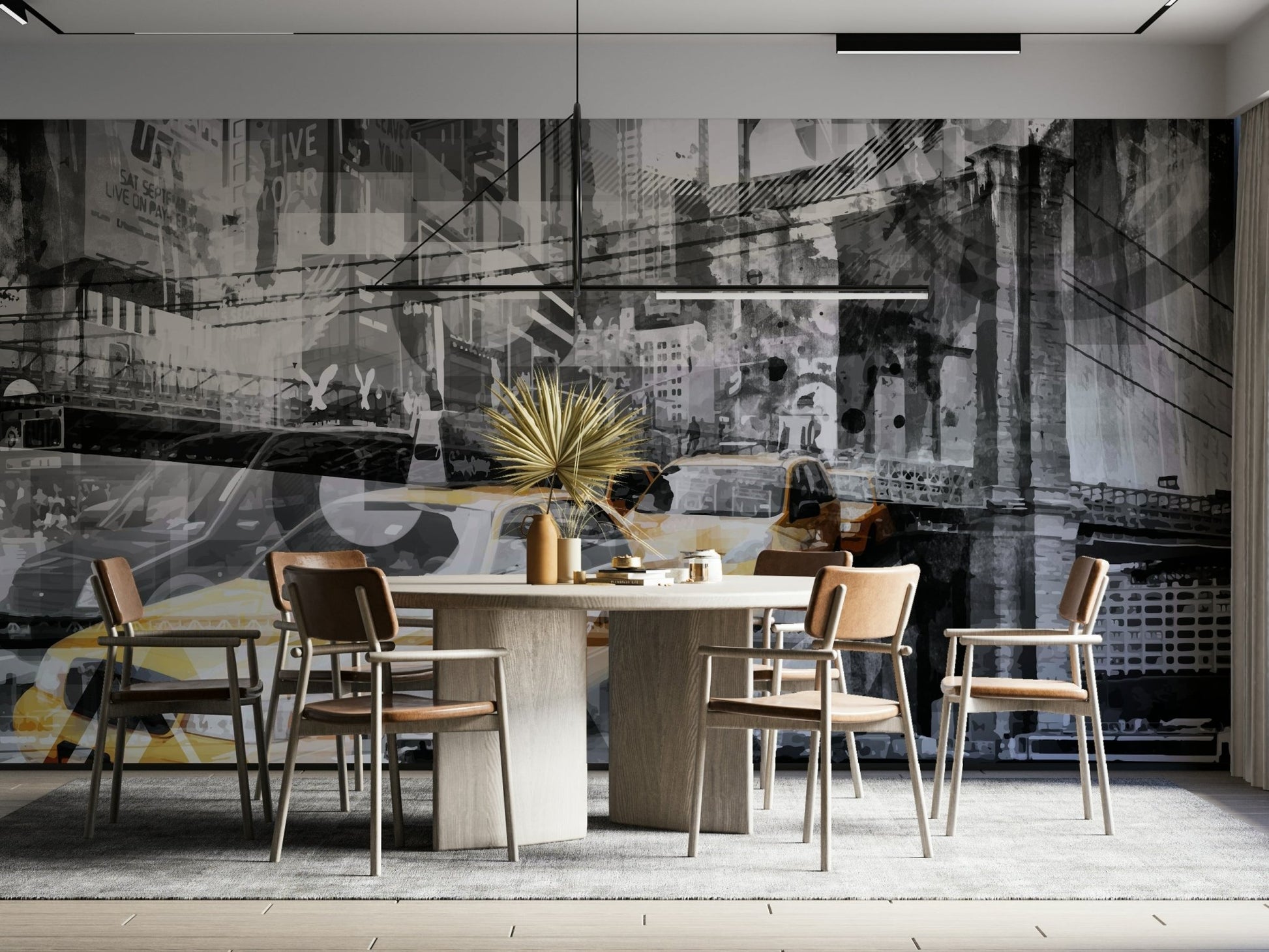 Bold graphic mural of New York City icons in modern style., GD1477