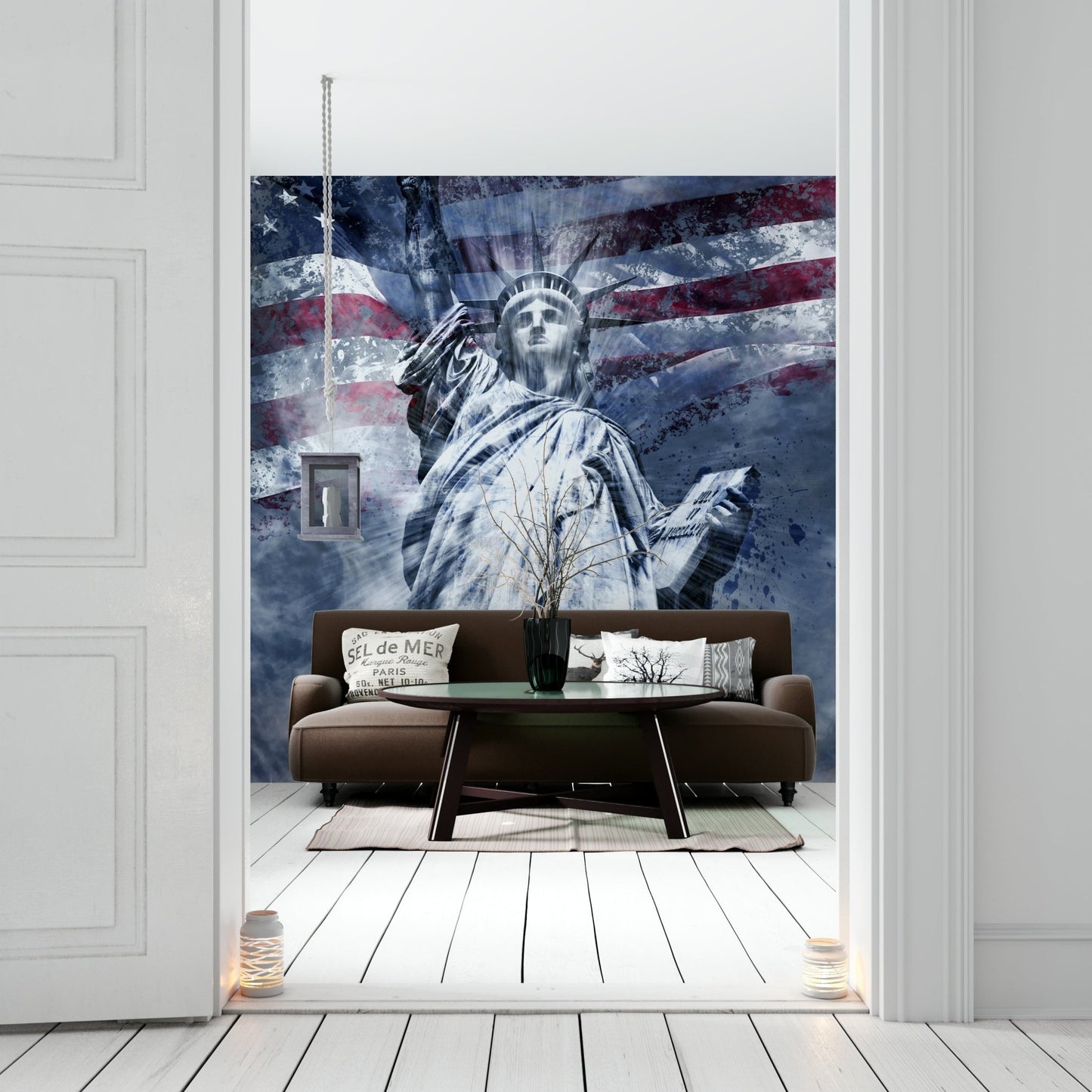 Stylish Statue of Liberty mural in bold blue hues.