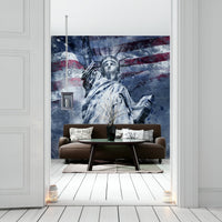 Stylish Statue of Liberty mural in bold blue hues.