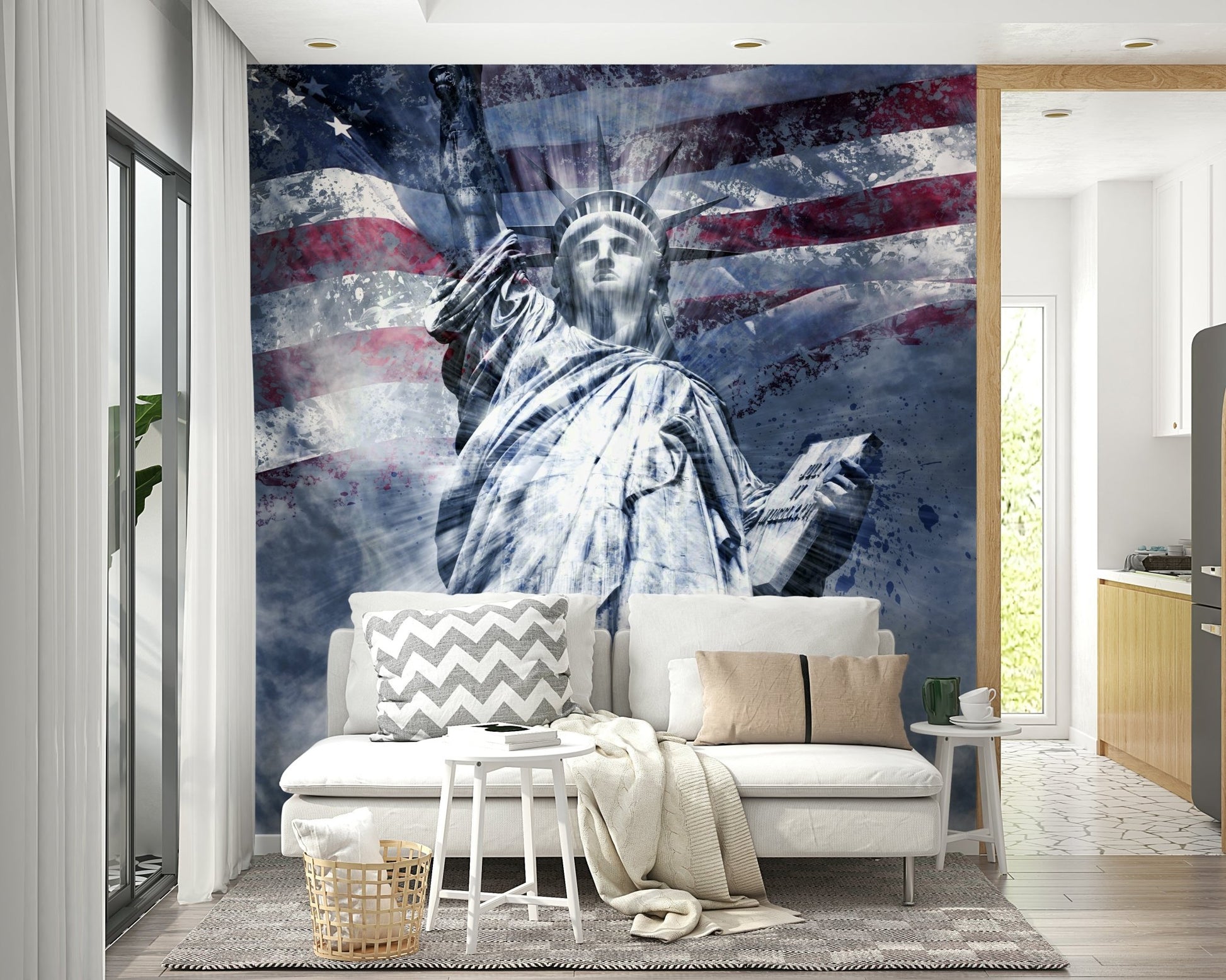 Blue abstract design of Statue of Liberty on a mural
