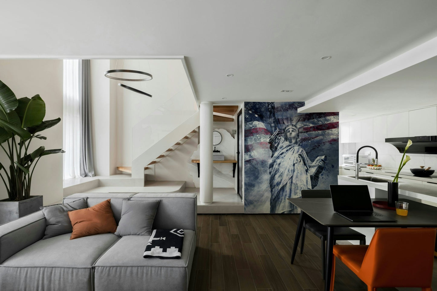 Elegant blue mural featuring Statue of Liberty in modern art