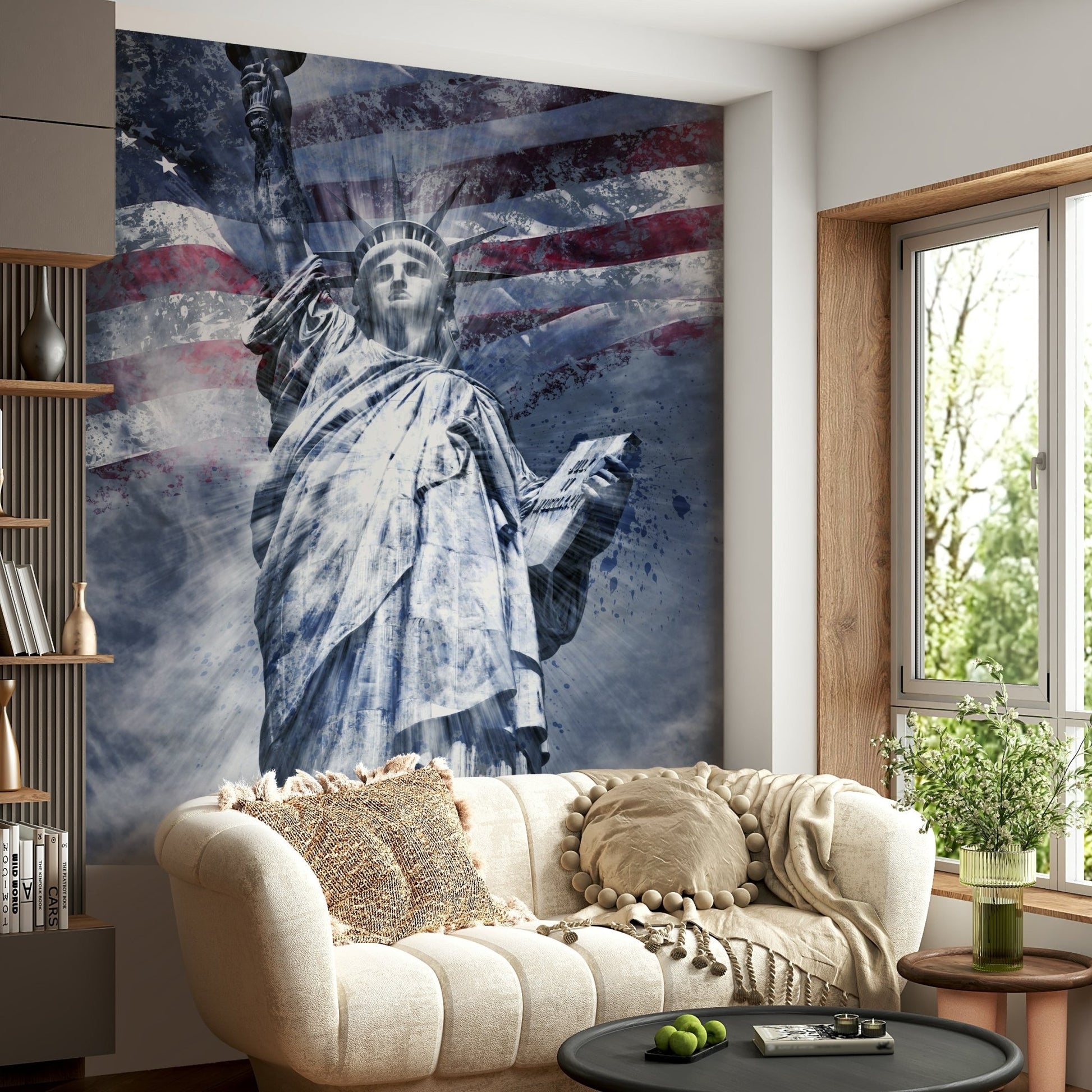 Contemporary Statue of Liberty mural in blue tones