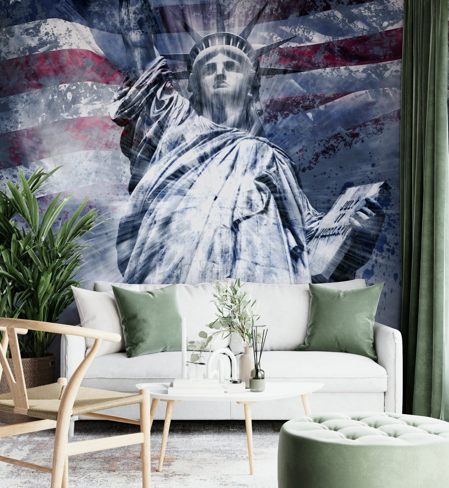 Abstract blue wall mural featuring Statue of Liberty.