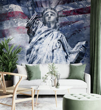 Abstract blue wall mural featuring Statue of Liberty.