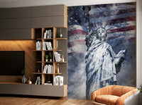 Vibrant blue modern art Statue of Liberty on a wall.