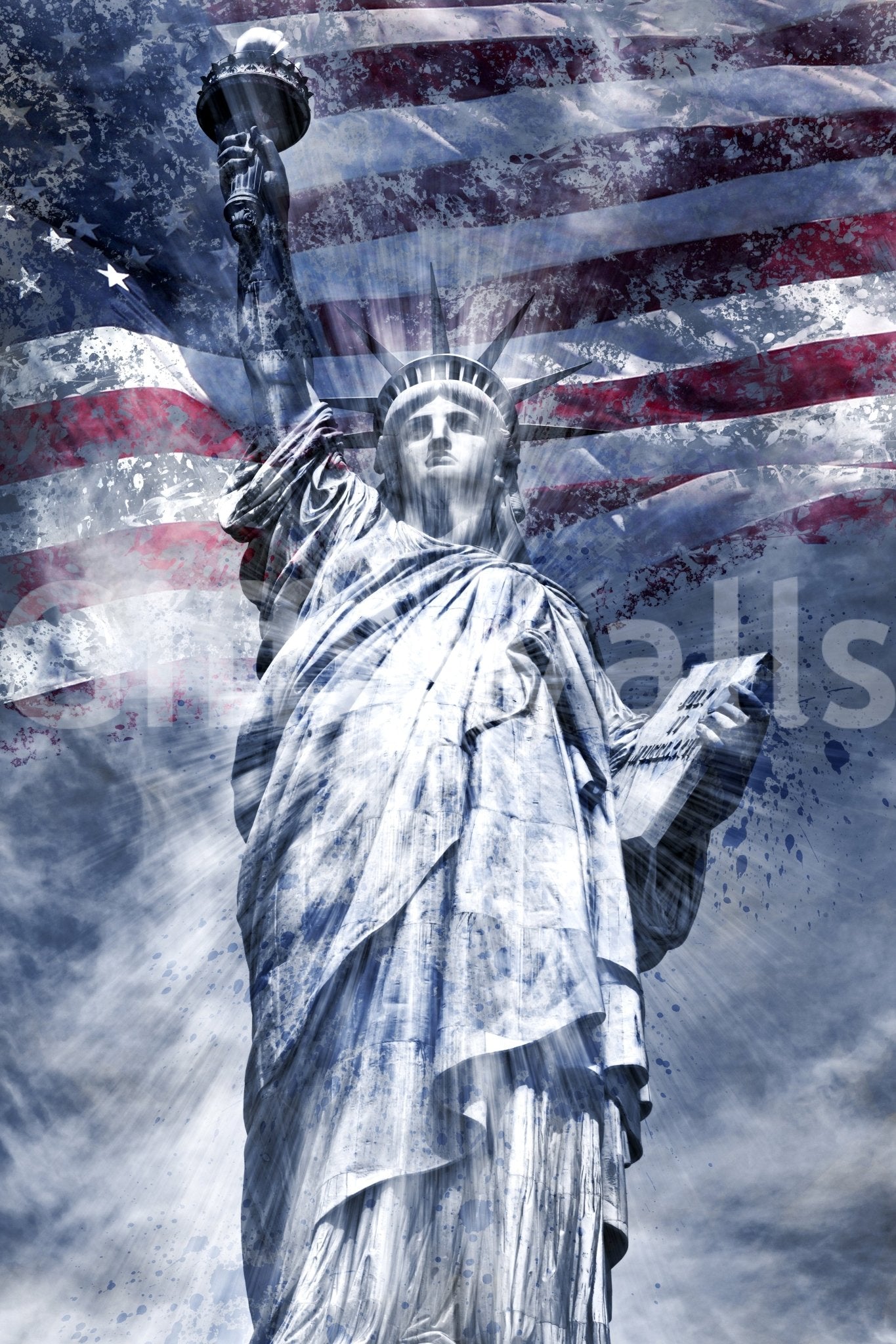 Statue of Liberty in modern art style with blue background.