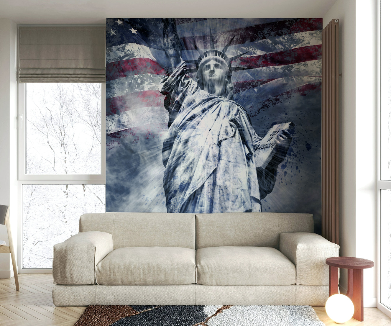 Modern art depiction of the Statue of Liberty in blue.