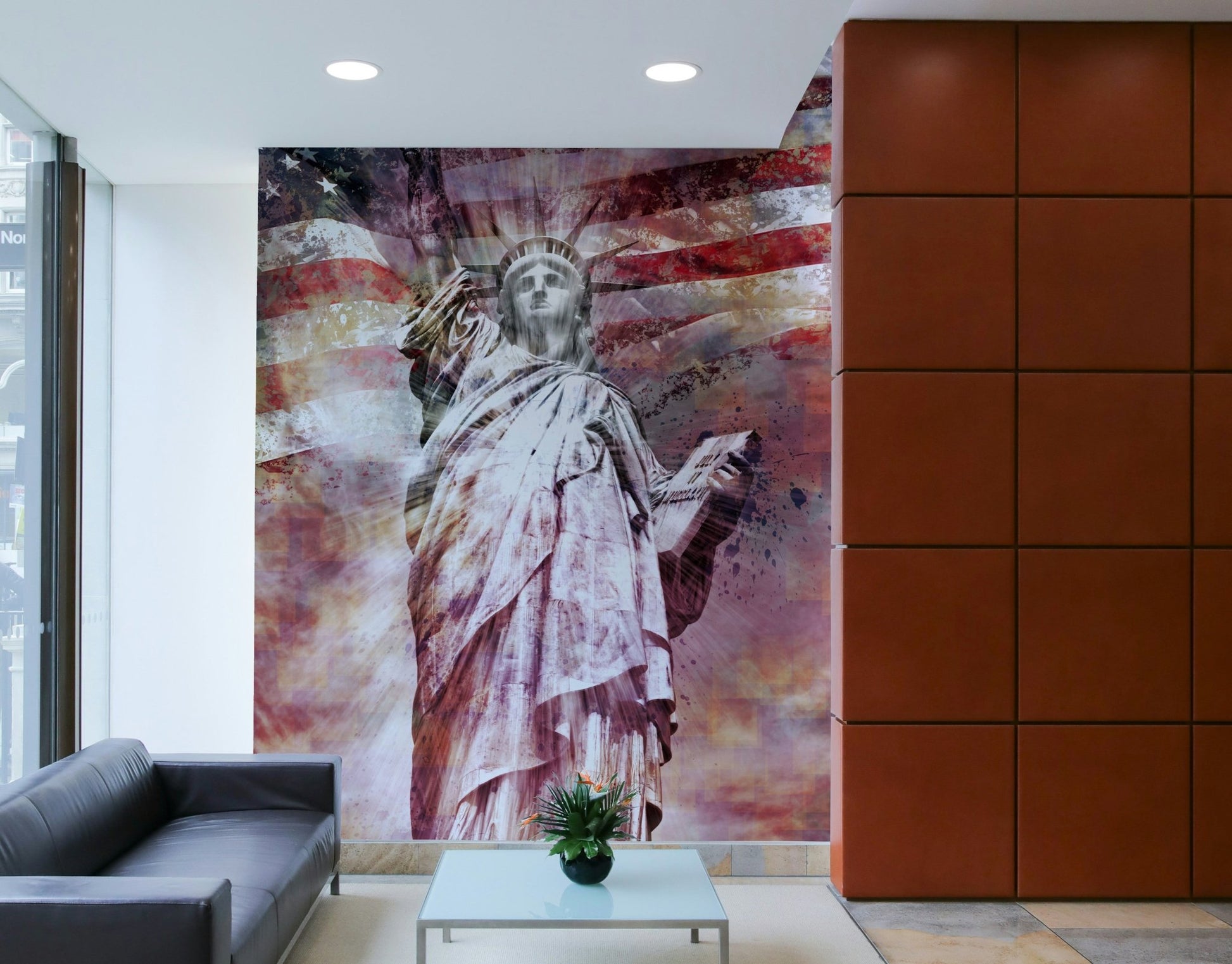 Contemporary red Statue of Liberty mural for office decor

