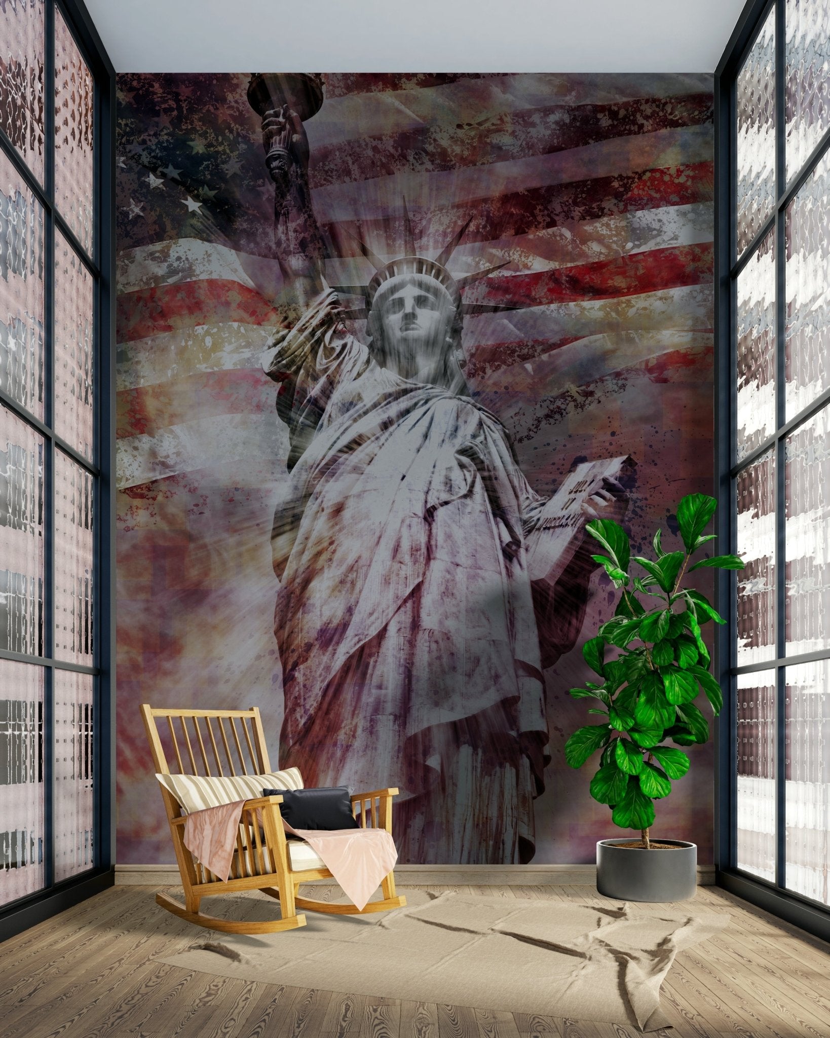 Vibrant red wall mural of Statue of Liberty in modern style


