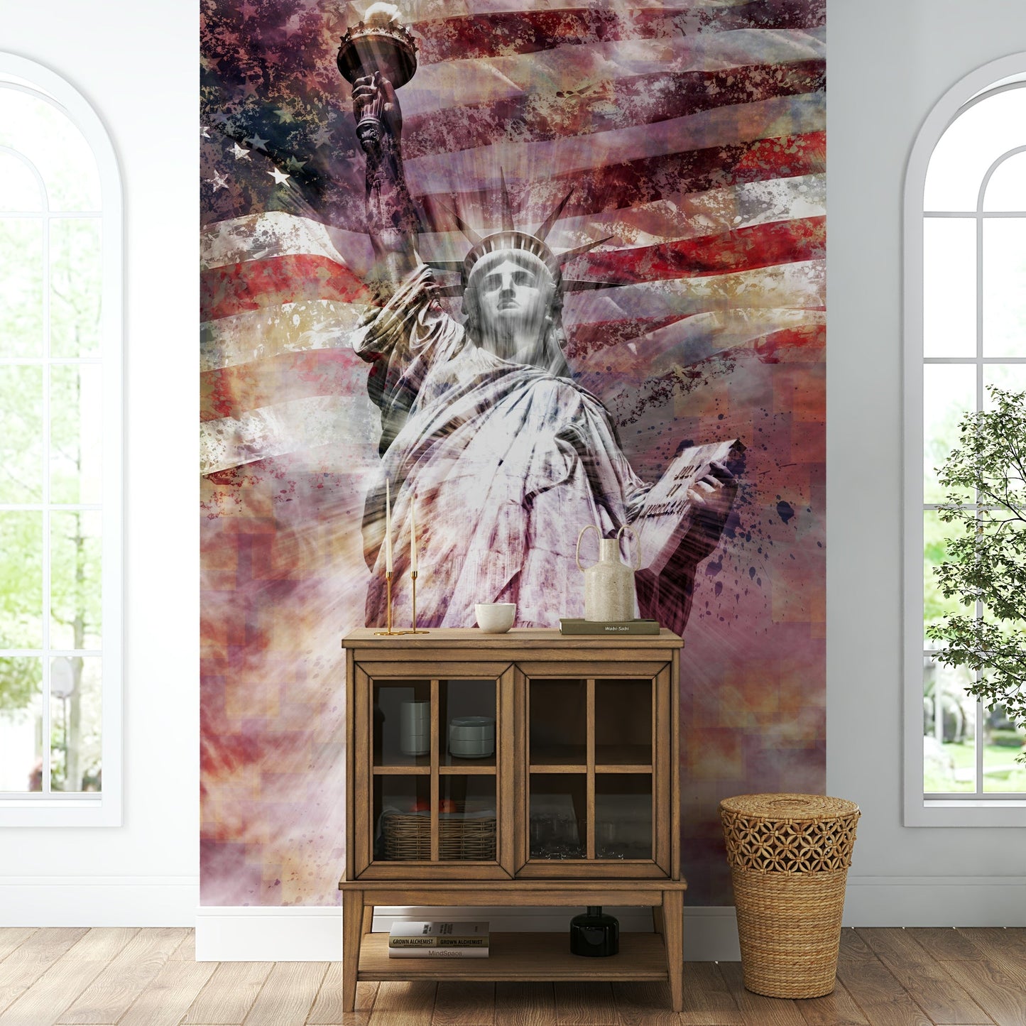 Abstract Statue of Liberty design in striking red hues

