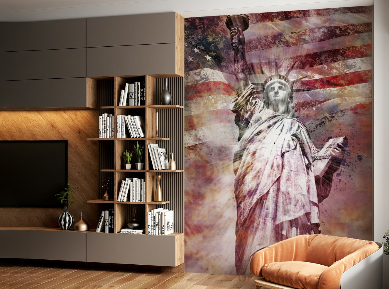 Modern art Statue of Liberty mural in vibrant red tones

