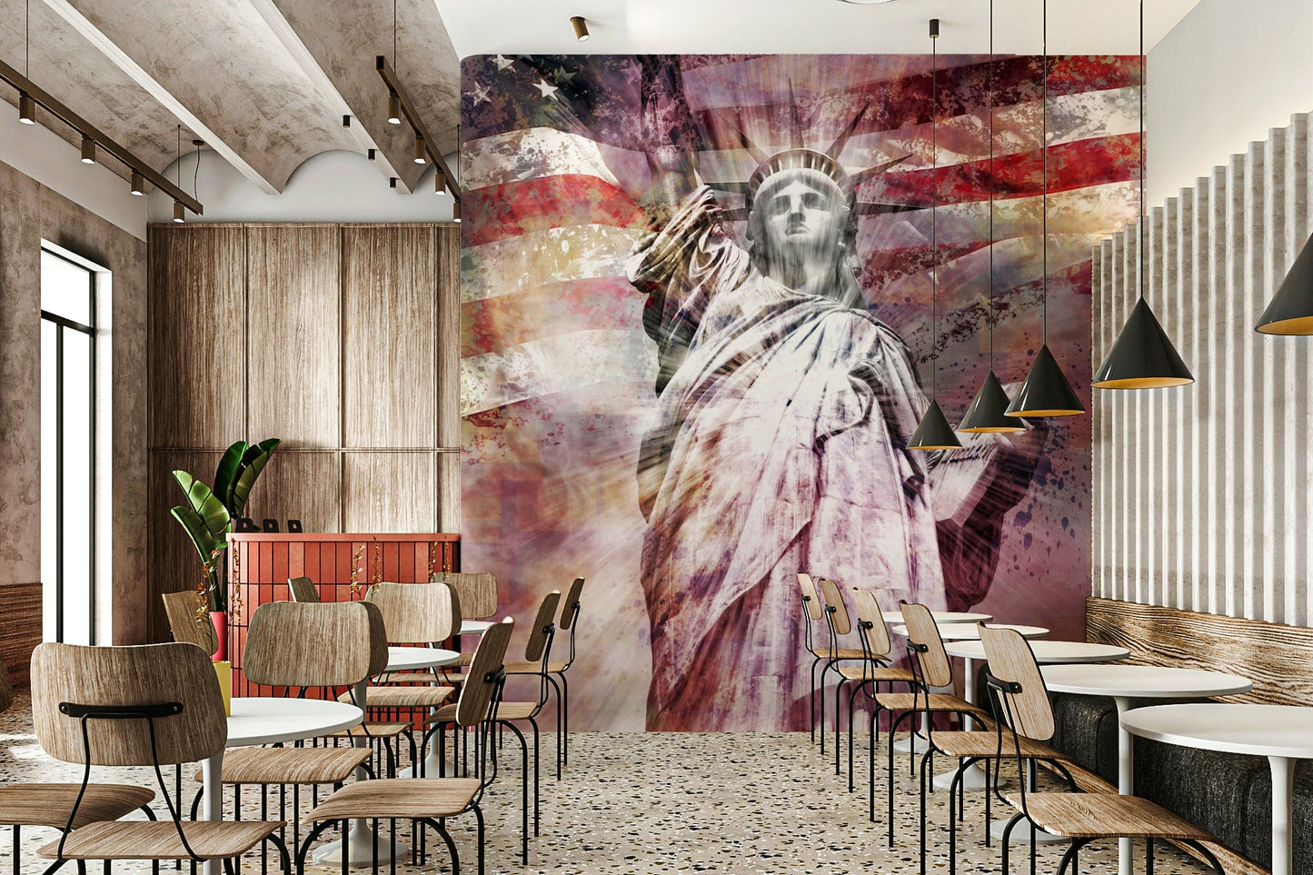 Urban modern red mural featuring the Statue of Liberty

