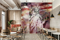 Urban modern red mural featuring the Statue of Liberty

