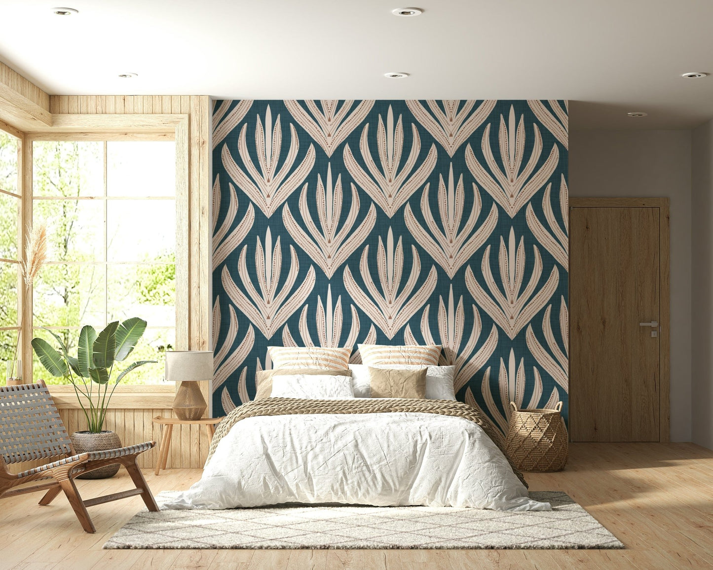 Textured deep indigo backdrop on Modern Aztec Flora wallpaper.