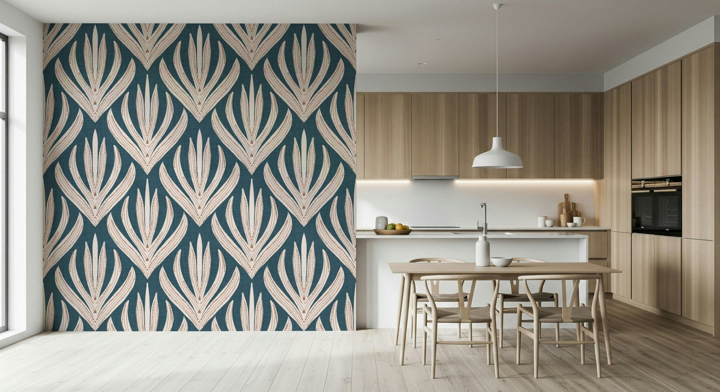 Stylized geometric bloom of Modern Aztec Flora wall mural.
