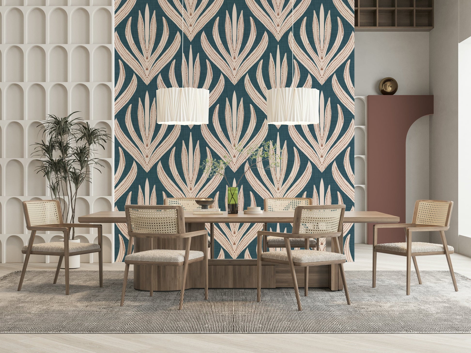 Artistic segmented bloom on Modern Aztec Flora wallpaper.
