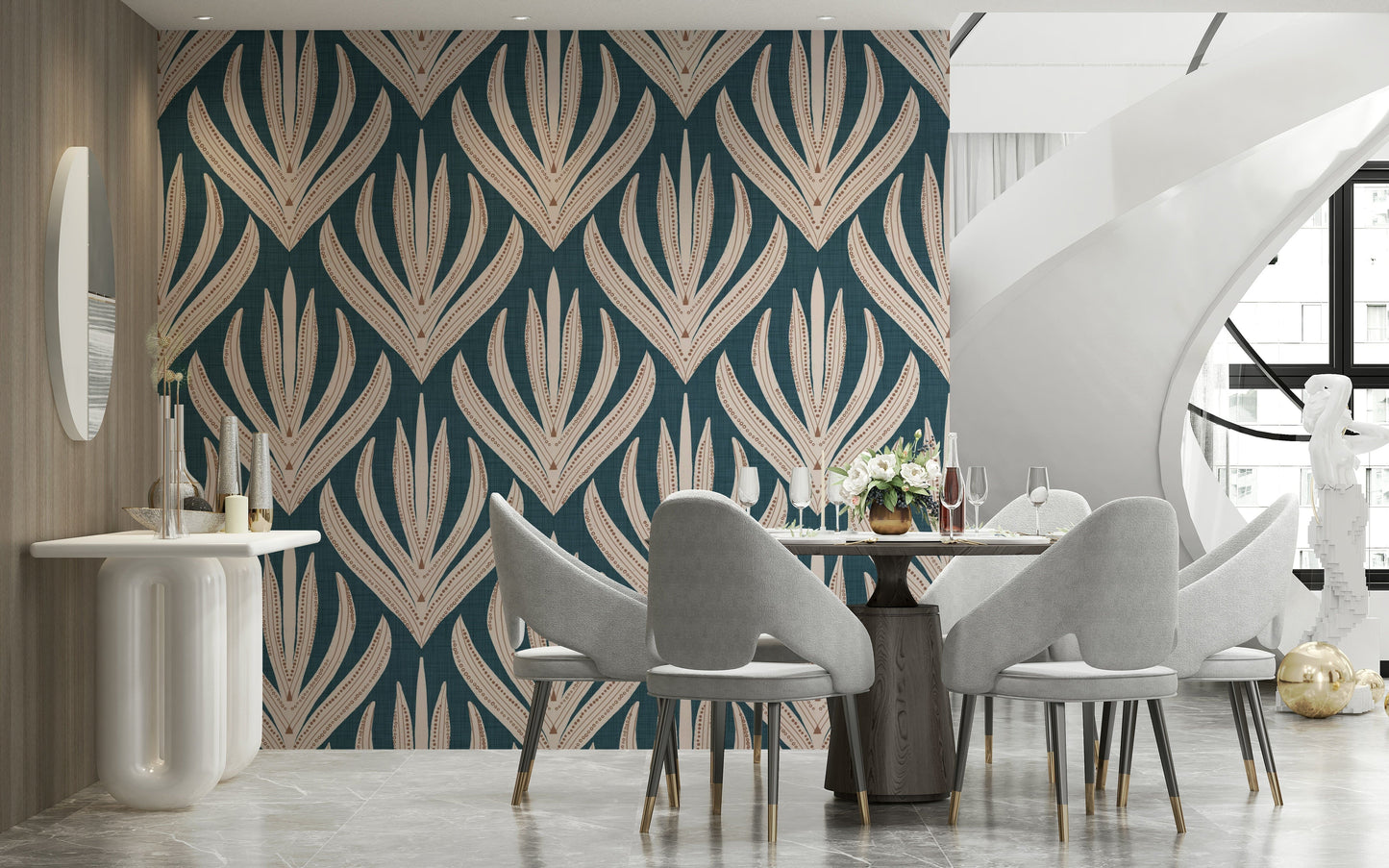 Whispering blush leaves on Modern Aztec Flora wallpaper.
