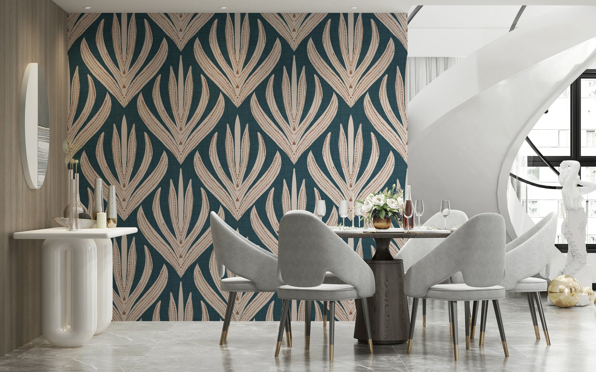 Whispering blush leaves on Modern Aztec Flora wallpaper.