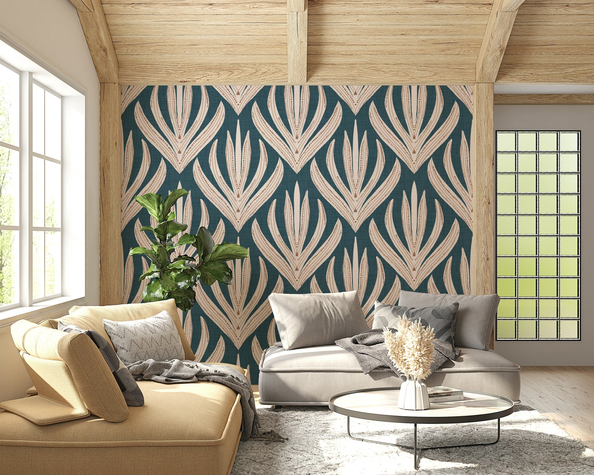 Modern Aztec Flora Wallpaper featuring odd tribal frond shapes.