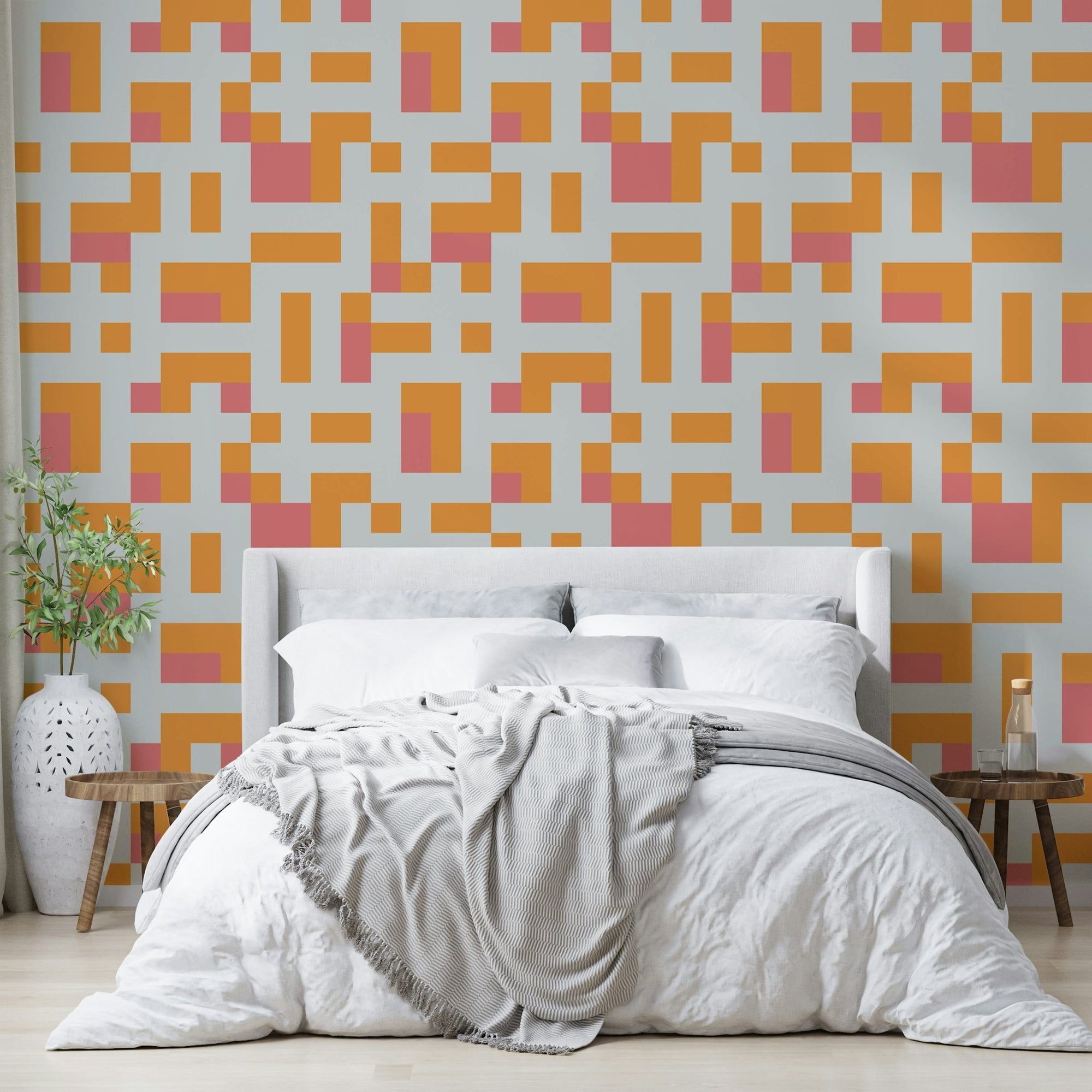 Modern Blocks wallpaper featuring orange and coral rectangles on grey GD4986

